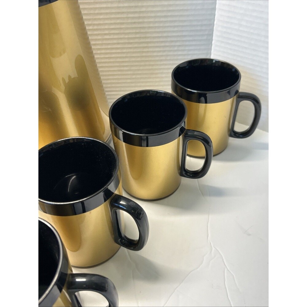 Vintage West Bend Thermo Serv Coffee Carafe Set with 10 Mugs Gold Black 1970’s - Picture 5 of 11